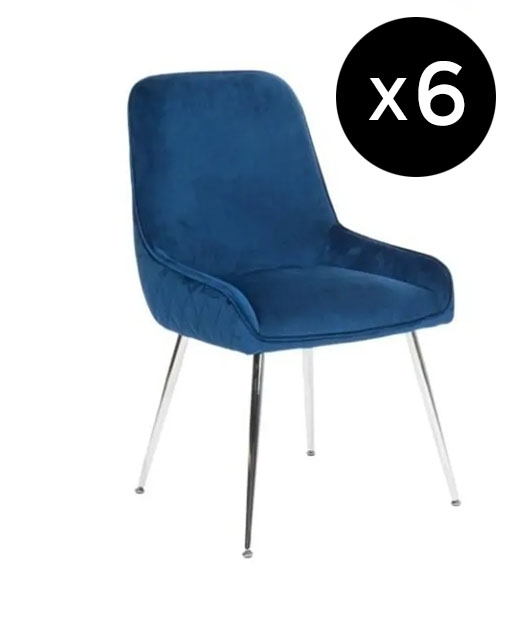 Set Of 6 Hamilton Blue Dining Chair Velvet Fabric Upholstered With Quilted Diamond Stitched Back And Chrome Legs