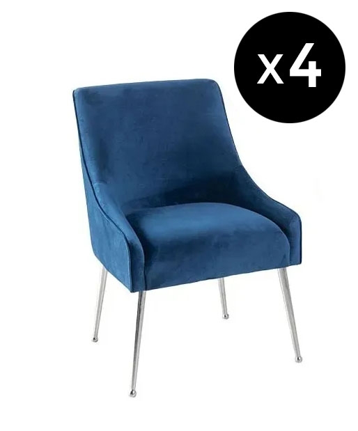 Set Of 4 Giovanni Blue Dining Chair Velvet Fabric Upholstered With Back Handle And Chrome Legs