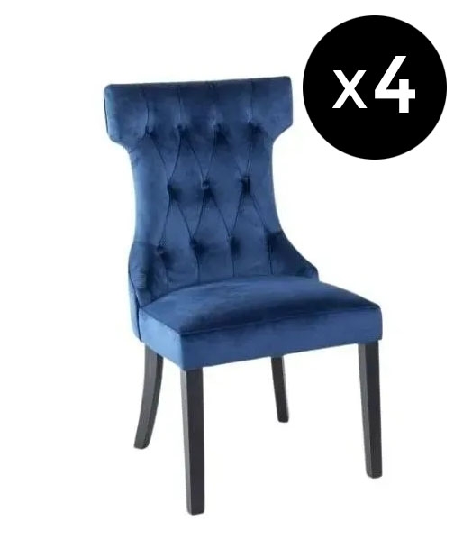 Set Of 4 Courtney Blue Dining Chair Tufted Velvet Fabric Upholstered With Black Wooden Legs