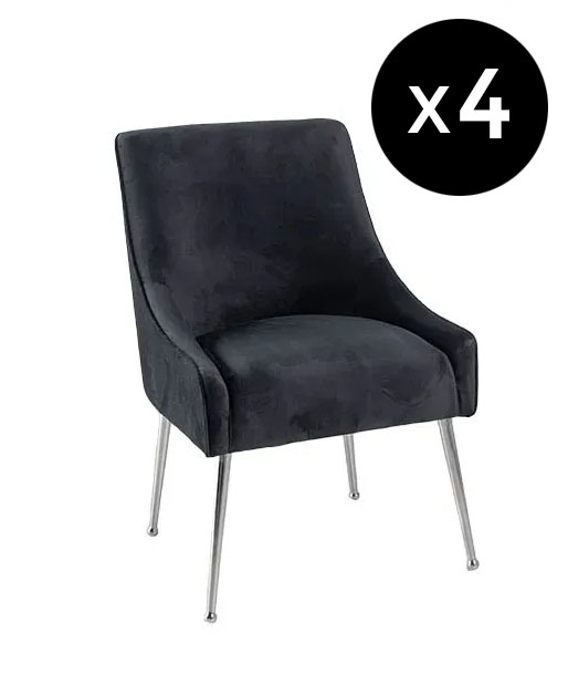 Set Of 4 Giovanni Black Dining Chair Velvet Fabric Upholstered With Back Handle And Chrome Legs