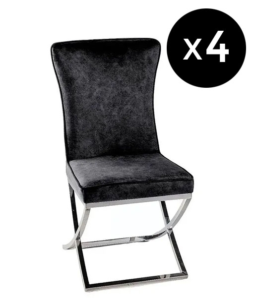 Set Of 4 Lyon Cross Leg Black Dining Chair Plush Velvet Fabric With Tufted Buttoned Back Chrome Metal Base