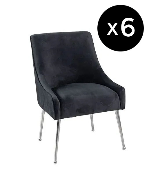 Set Of 6 Giovanni Black Dining Chair Velvet Fabric Upholstered With Back Handle And Chrome Legs