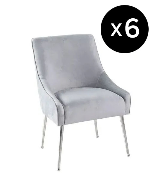 Set Of 6 Giovanni Light Grey Dining Chair Velvet Fabric Upholstered With Back Handle And Chrome Legs