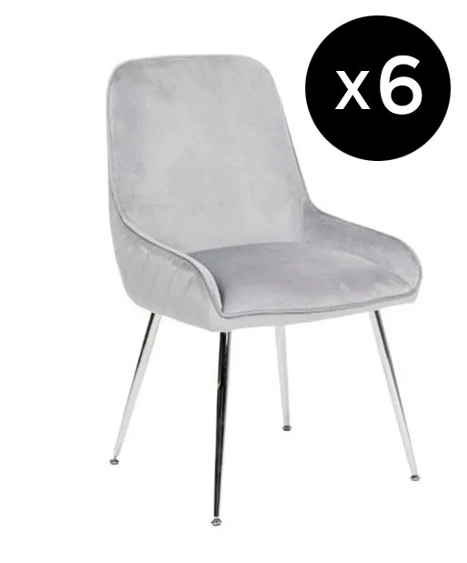 Set Of 6 Hamilton Light Grey Dining Chair Velvet Fabric Upholstered With Quilted Diamond Stitched Back And Chrome Legs