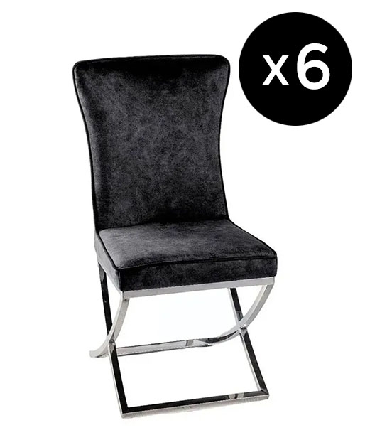 Set Of 6 Lyon Cross Leg Black Dining Chair Plush Velvet Fabric With Tufted Buttoned Back Chrome Metal Base