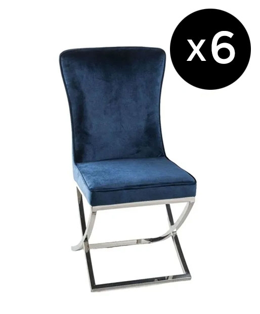 Set Of 6 Lyon Cross Leg Blue Dining Chair Plush Velvet Fabric With Tufted Buttoned Back Chrome Metal Base