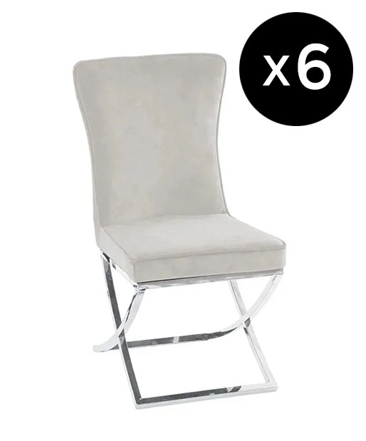 Set Of 6 Lyon Cross Leg Champagne Dining Chair Plush Velvet Fabric With Tufted Buttoned Back Chrome Metal Base