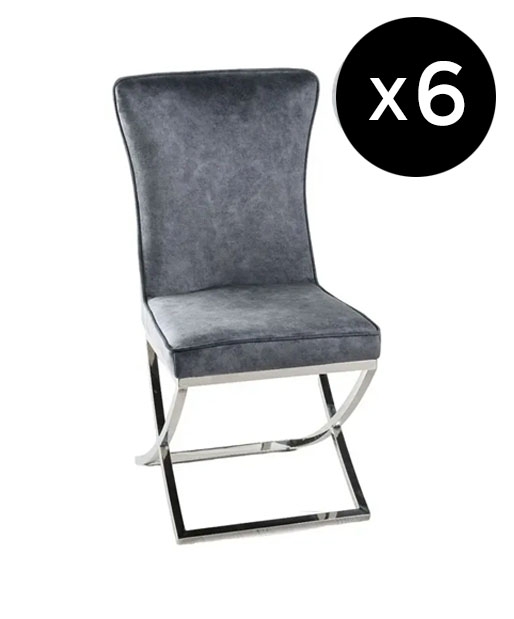 Set Of 6 Lyon Cross Leg Grey Dining Chair Plush Velvet Fabric With Tufted Buttoned Back Chrome Metal Base