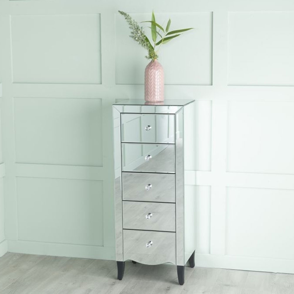 Venetian Mirrored 5 Drawer Narrow Chest Tallboy With Black Legs