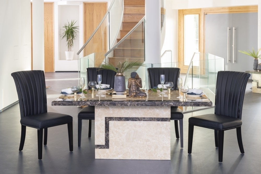 Venice Marble Dining Table Set Rectangular Cream Top And Pedestal Base With Cadiz Black Faux Leather Chairs