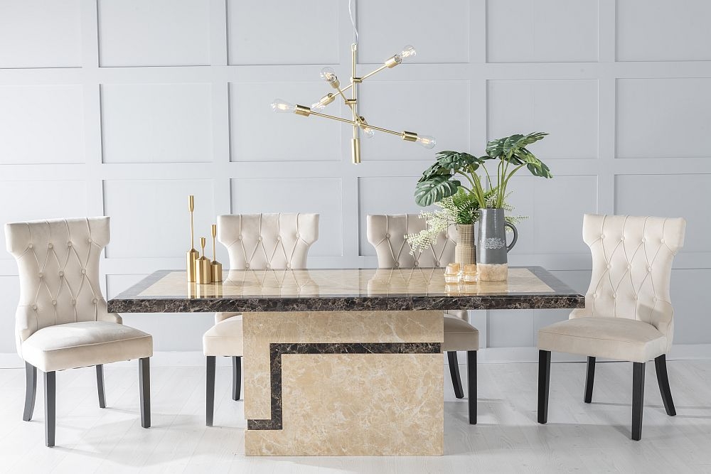 Venice Marble Dining Table Set Rectangular Cream Top And Pedestal Base With Courtney Champagne Fabric Chairs