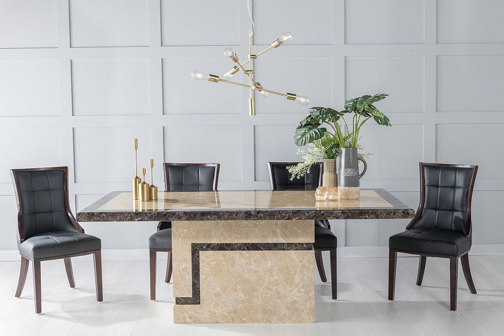 Venice Marble Dining Table Set Rectangular Cream Top And Pedestal Base With Paris Black Faux Leather Chairs