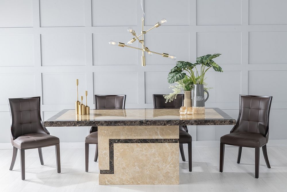Venice Marble Dining Table Set Rectangular Cream Top And Pedestal Base With Paris Brown Faux Leather Chairs