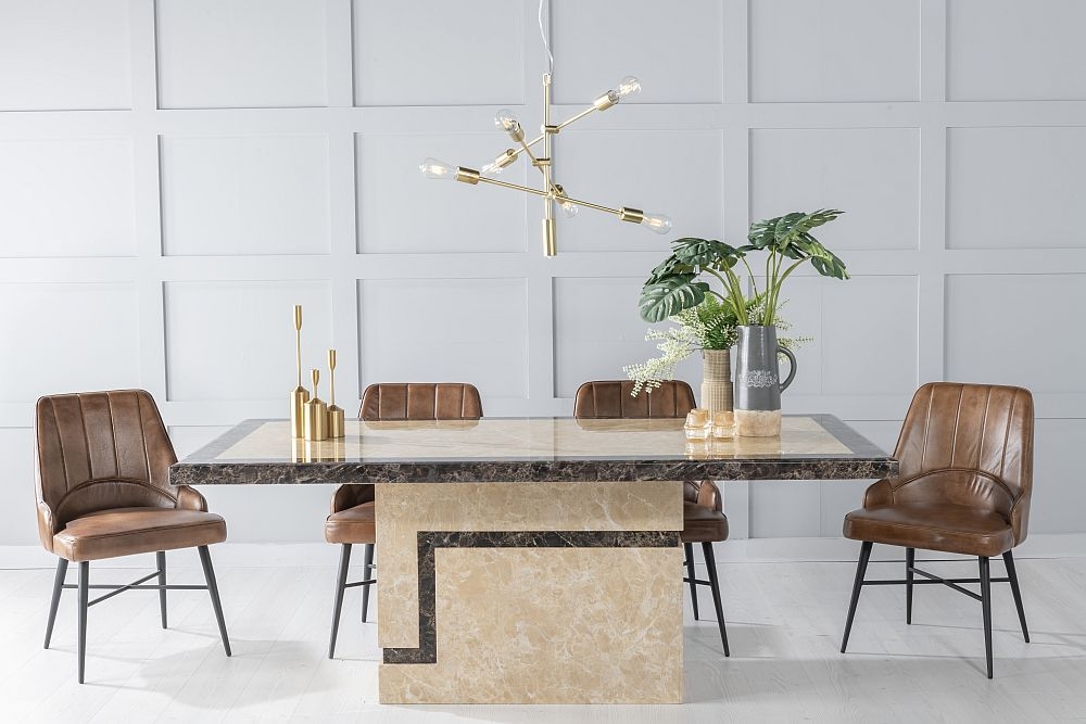 Venice Marble Dining Table Set Rectangular Cream Top And Pedestal Base With Toronto Vintage Brown Leather Chairs