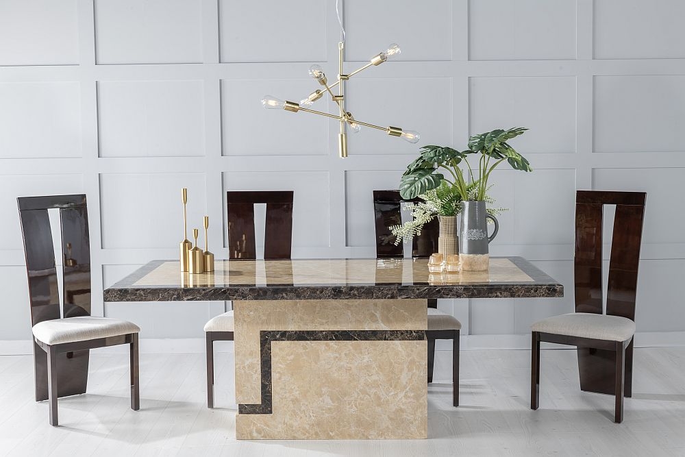 Venice Marble Dining Table Set Rectangular Cream Top And Pedestal Base With Vienna Walnut High Gloss And Grey Chairs