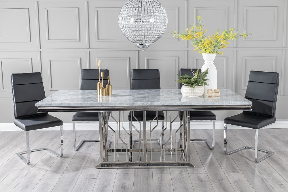 Vortex Marble Dining Table Set Rectangular Grey Top And Steel Chrome Base With Arabella Black Faux Leather Chairs