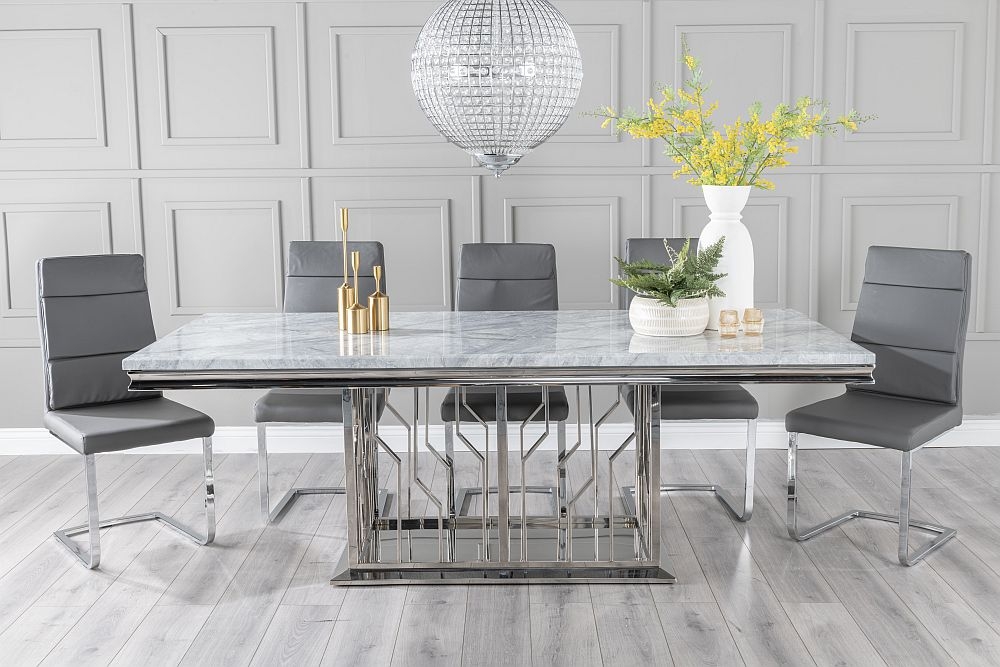 Vortex Marble Dining Table Set Rectangular Grey Top And Steel Chrome Base With Arabella Dark Grey Faux Leather Chairs