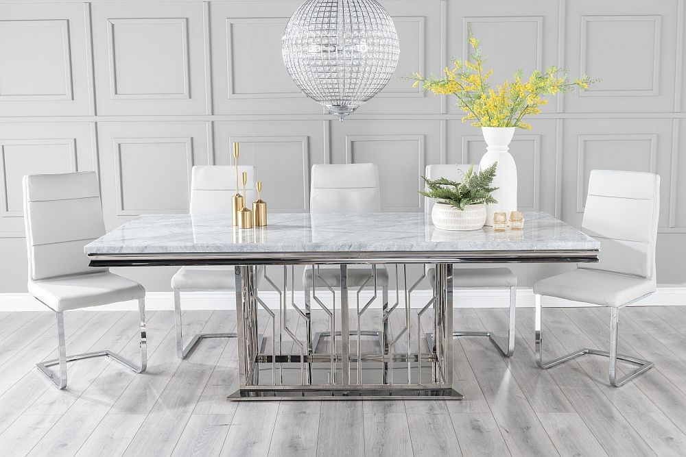 Vortex Marble Dining Table Set Rectangular Grey Top And Steel Chrome Base With Arabella Grey Faux Leather Chairs