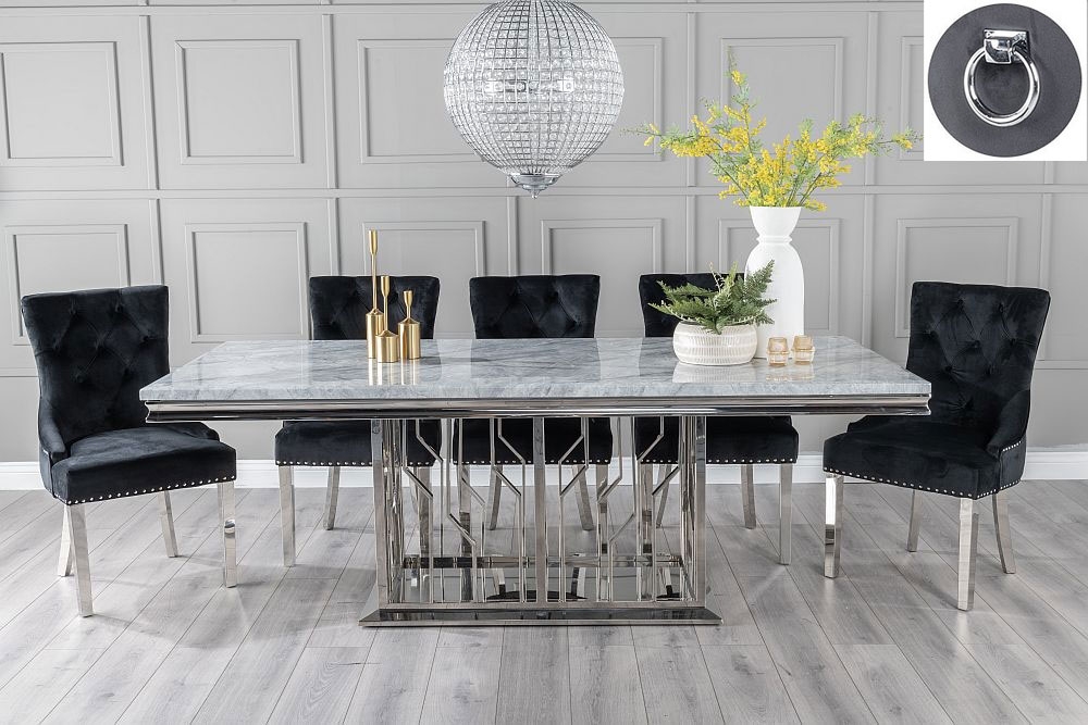 Vortex Marble Dining Table Set Rectangular Grey Top And Steel Chrome Base With Black Fabric Knockerback Chairs With Chrome Legs