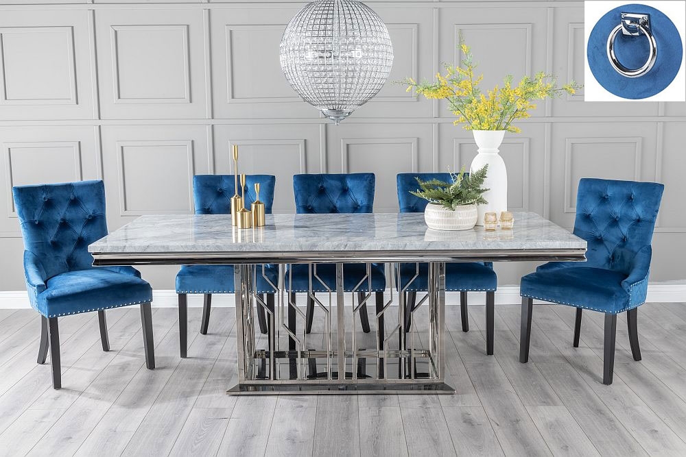 Vortex Marble Dining Table Set Rectangular Grey Top And Steel Chrome Base With Blue Fabric Knockerback Chairs With Black Legs