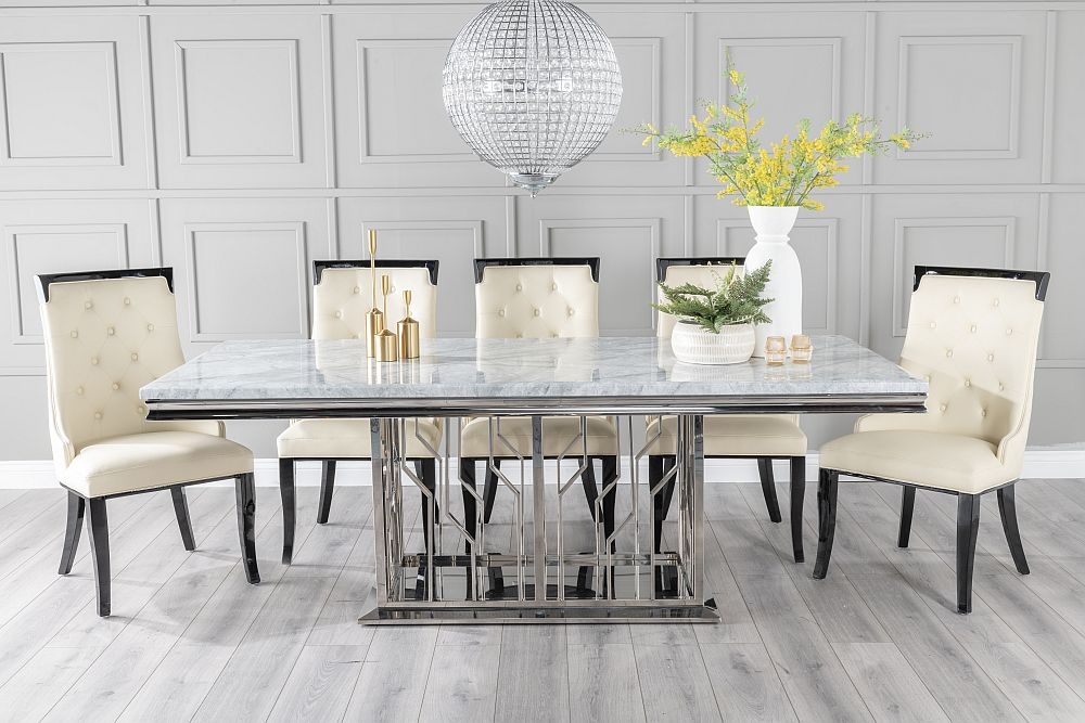 Vortex Marble Dining Table Set Rectangular Grey Top And Steel Chrome Base With Carmela Cream Faux Leather Chairs