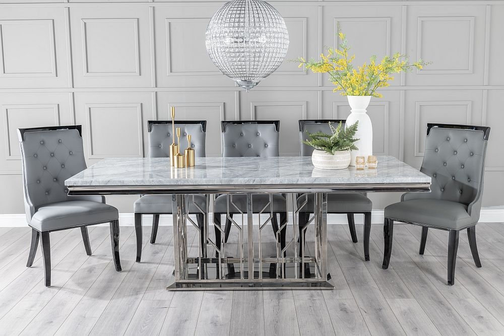 Vortex Marble Dining Table Set Rectangular Grey Top And Steel Chrome Base With Carmela Grey Faux Leather Chairs