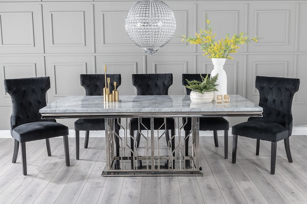 Vortex Marble Dining Table Set Rectangular Grey Top And Steel Chrome Base With Courtney Black Fabric Chairs