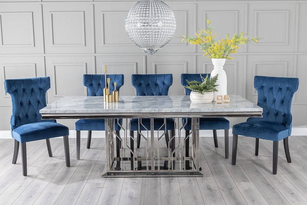 Vortex Marble Dining Table Set Rectangular Grey Top And Steel Chrome Base With Courtney Blue Fabric Chairs