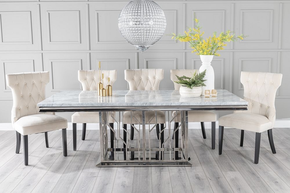 Vortex Marble Dining Table Set Rectangular Grey Top And Steel Chrome Base With Courtney Champagne Fabric Chairs