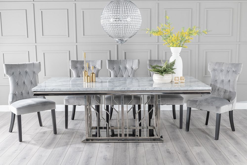 Vortex Marble Dining Table Set Rectangular Grey Top And Steel Chrome Base With Courtney Light Grey Fabric Chairs
