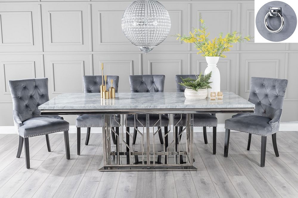 Vortex Marble Dining Table Set Rectangular Grey Top And Steel Chrome Base With Grey Fabric Knockerback Chairs With Black Legs