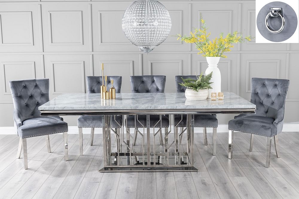 Vortex Marble Dining Table Set Rectangular Grey Top And Steel Chrome Base With Grey Fabric Knockerback Chairs With Chrome Legs