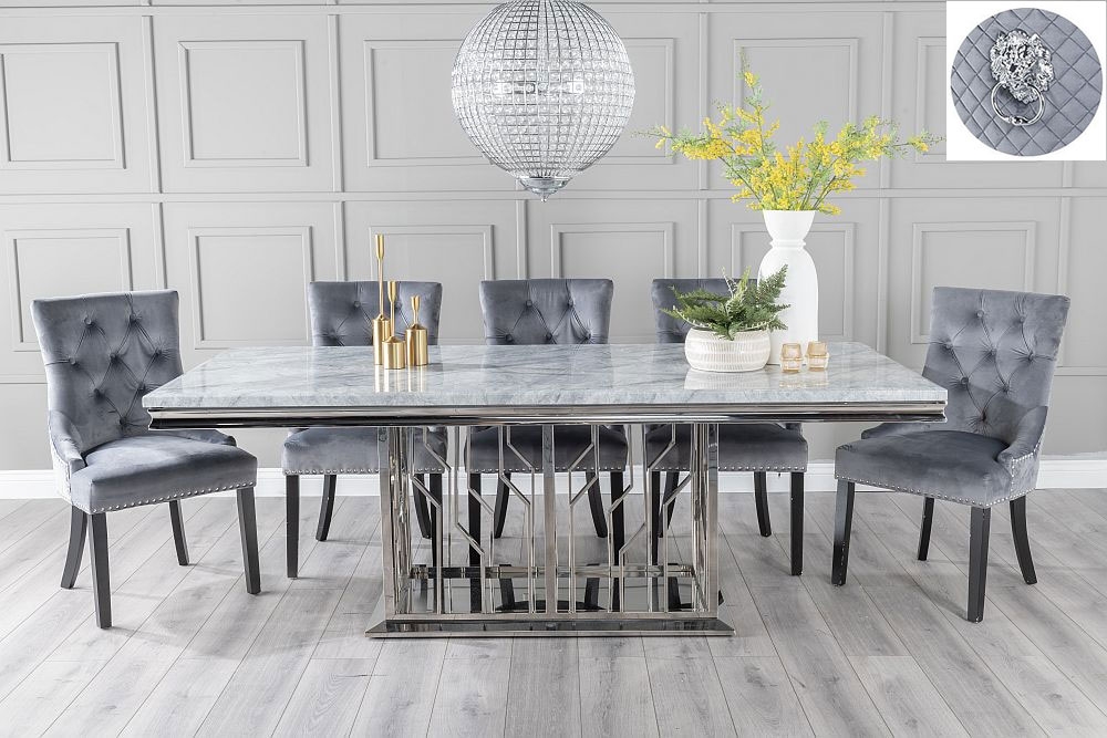 Vortex Marble Dining Table Set Rectangular Grey Top And Steel Chrome Base With Grey Fabric Lion Knockerback Chairs With Black Legs