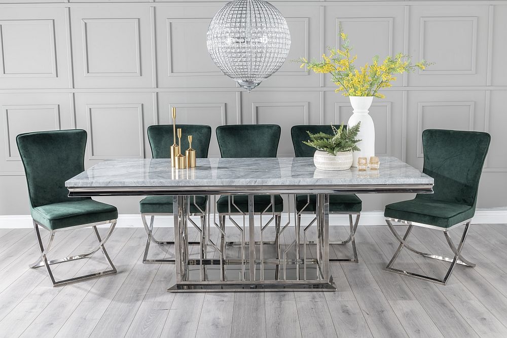 Vortex Marble Dining Table Set Rectangular Grey Top And Steel Chrome Base With Lyon Green Fabric Chairs