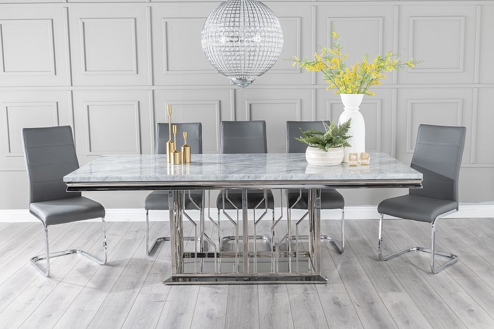 Vortex Marble Dining Table Set Rectangular Grey Top And Steel Chrome Base With Malibu Dark Grey Faux Leather Chairs