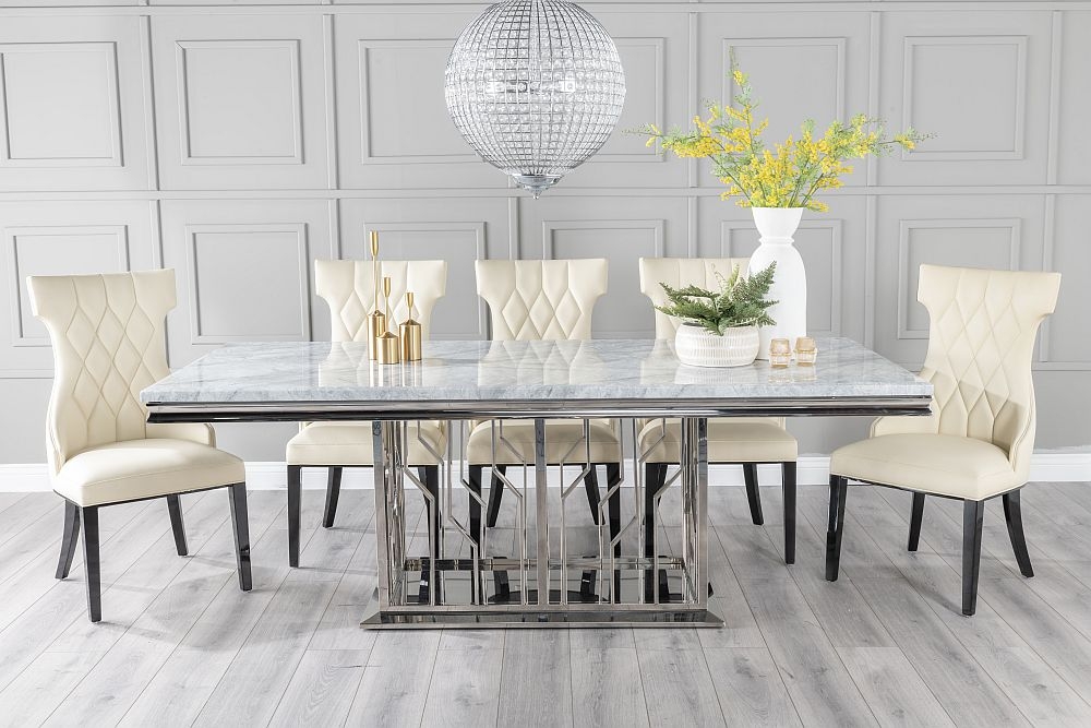 Vortex Marble Dining Table Set Rectangular Grey Top And Steel Chrome Base With Mimi Cream Faux Leather Chairs