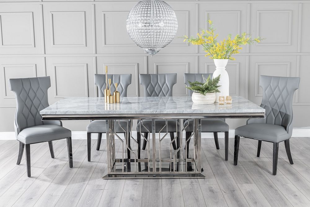 Vortex Marble Dining Table Set Rectangular Grey Top And Steel Chrome Base With Mimi Grey Faux Leather Chairs