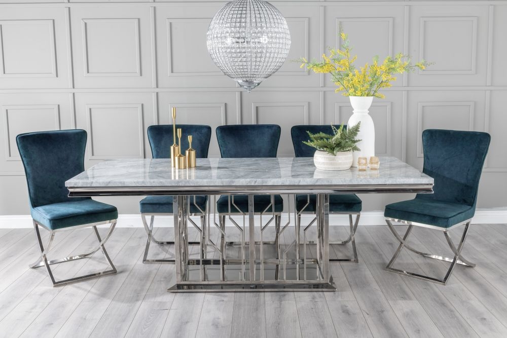 Vortex Marble Dining Table Set Rectangular Grey Top And Pedestal Base With Lyon Blue Fabric Chairs
