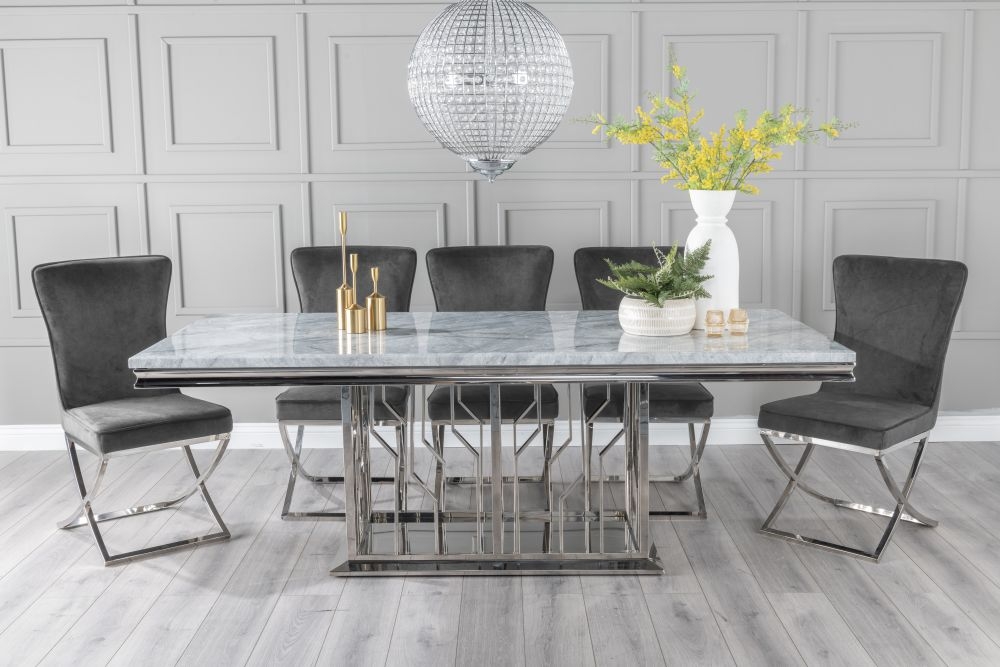 Vortex Marble Dining Table Set Rectangular Grey Top And Pedestal Base With Lyon Grey Fabric Chairs