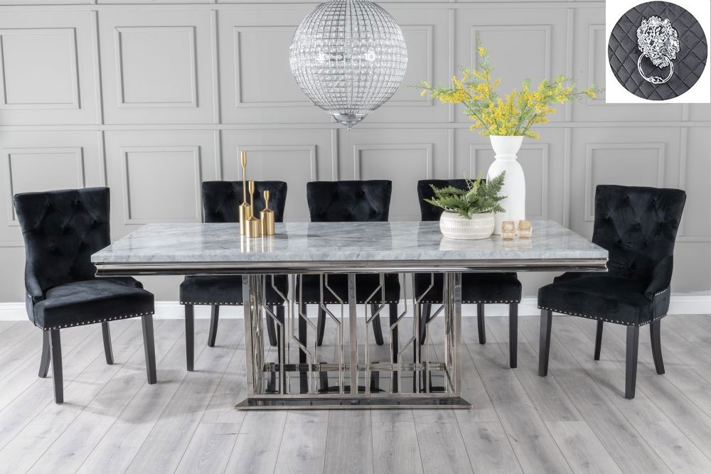 Vortex Marble Dining Table Set Rectangular Grey Top And Pedestal Base And Black Fabric Lion Head Ring Back Chairs With Black Legs