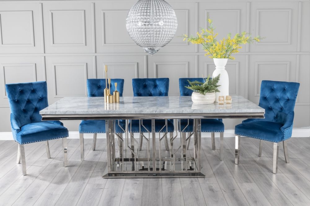 Vortex Marble Dining Table Set Rectangular Grey Top And Pedestal Base And Blue Fabric Lion Head Ring Back Chairs With Chrome Legs