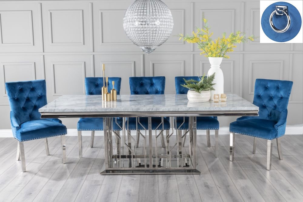 Vortex Marble Dining Table Set Rectangular Grey Top And Pedestal Base And Blue Fabric Knocker Back Chairs With Chrome Legs