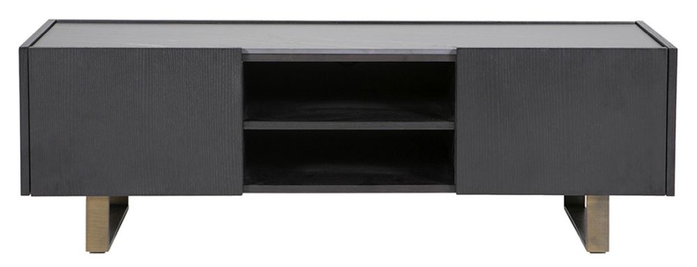 Vida Living Osiris Black Stone Top Medium Tv Unit 140cm W With Storage For Television Upto 55inch Plasma With Gold Metal Base