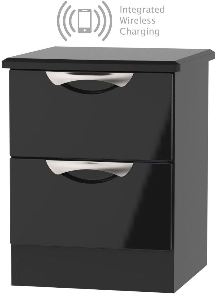 Camden High Gloss Black 2 Drawer Bedside Cabinet With Integrated Wireless Charging