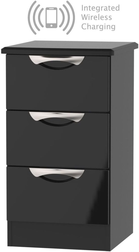 Camden High Gloss Black 3 Drawer Bedside Cabinet With Integrated Wireless Charging