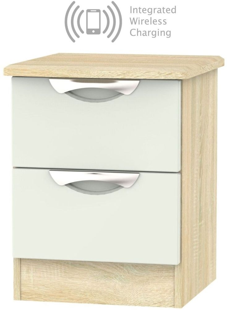 Camden 2 Drawer Bedside Cabinet With Integrated Wireless Charging High Gloss Kaschmir And Bardolino