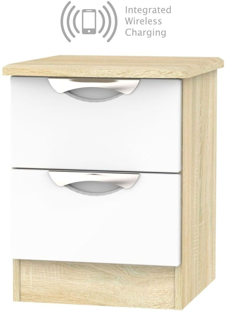 Camden 2 Drawer Bedside Cabinet With Integrated Wireless Charging High Gloss White And Bardolino
