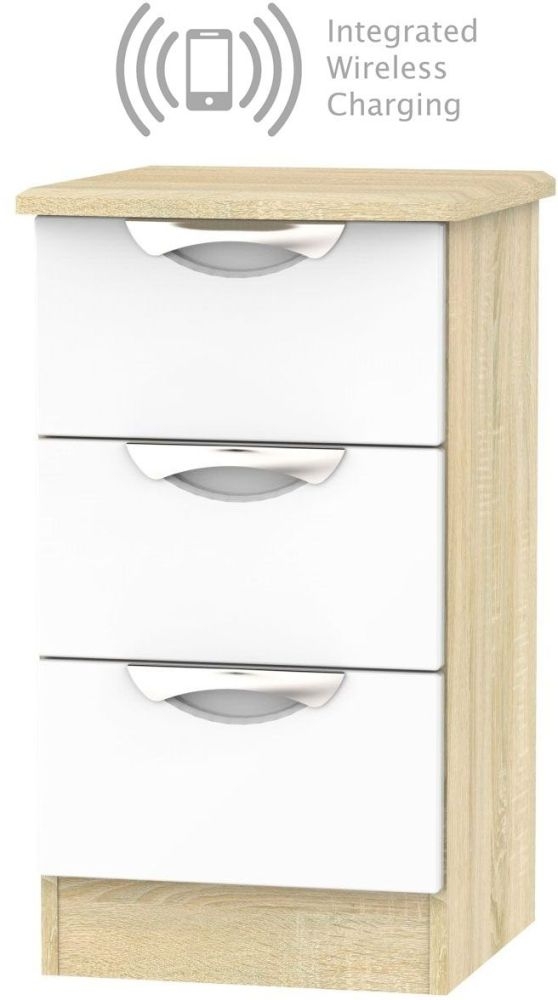 Camden 3 Drawer Bedside Cabinet With Integrated Wireless Charging High Gloss White And Bardolino