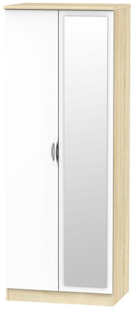 Camden 2 Door Tall Mirror Wardrobe High Gloss White And Bardolino