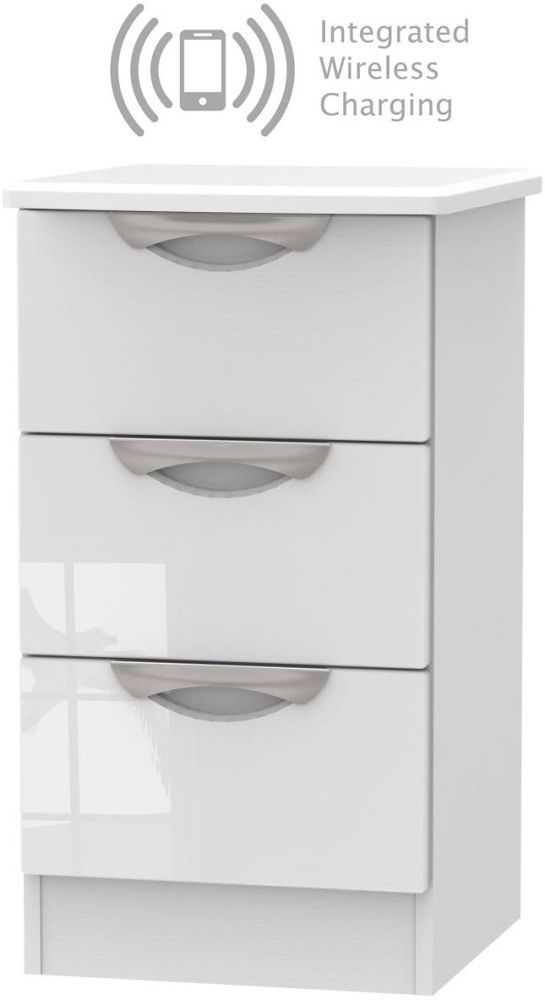 Camden High Gloss White 3 Drawer Bedside Cabinet With Integrated Wireless Charging